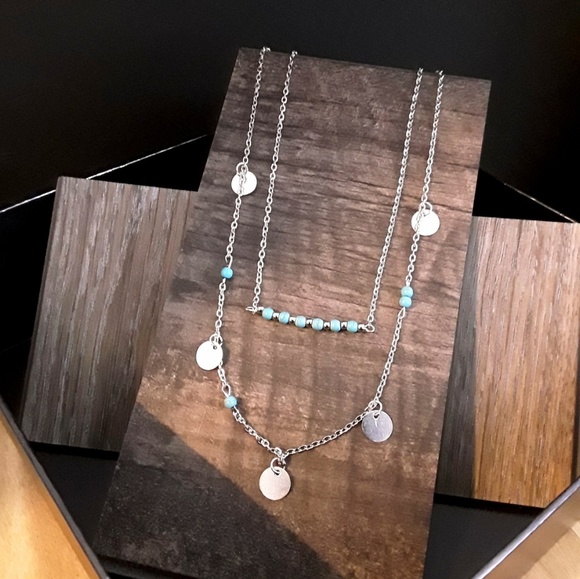 D17 NEW Silvetone BOHO Turquoise Necklace - Picture 4 of 4